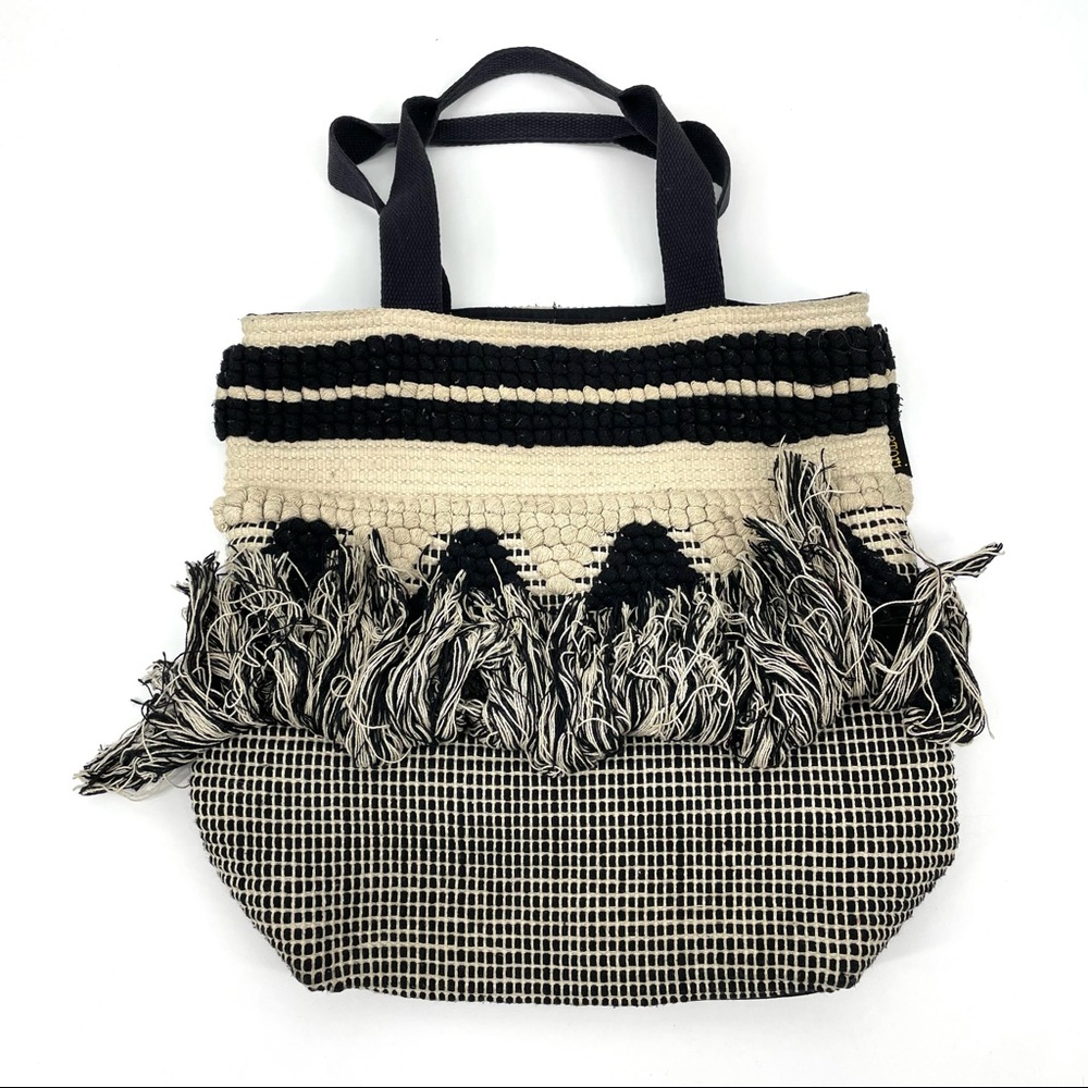 Catori Boho Woven Black and Cream Tote Bag